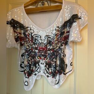 Almost Famous Sequin Butterfly Crop Top - White and Black